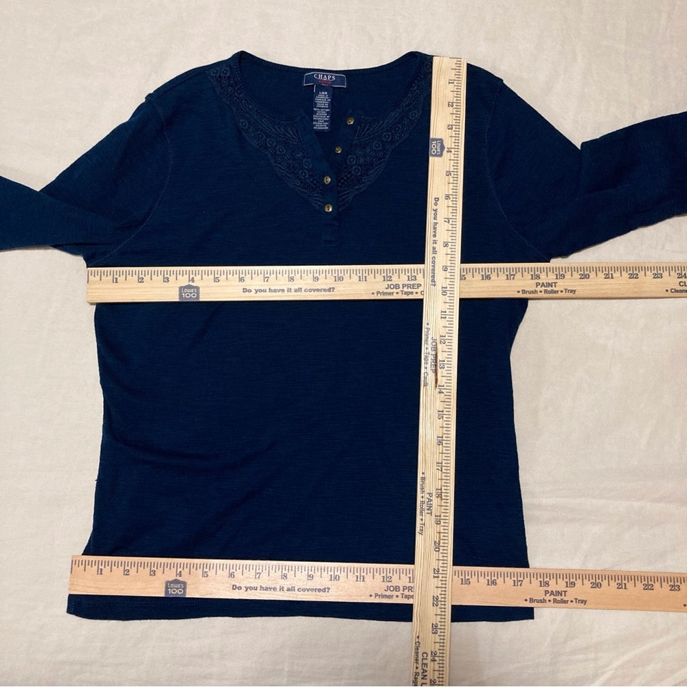 Chaps Navy Blue Henley Top with 3/4 Sleeves and Lace Collar Detail - Picture 2 of 10